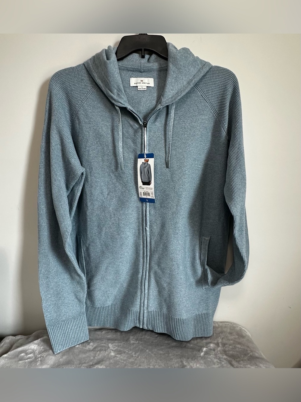 NWT Modern Ambition Men's Zip-Up Hoodie Sweater in Dusty Blue